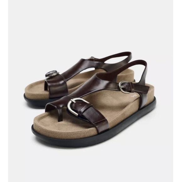 NWT Zara Flat Leather Sandals Sz 8/39 - Picture 2 of 10